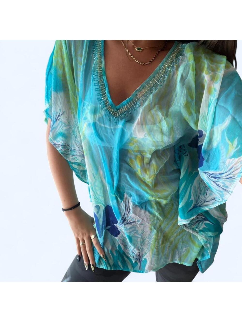 blue & green floral sheer blouse with beaded neckline